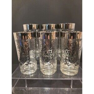 Vintage MCM KIMIKO Clear Silver Knight Shield Highball Drinking Glasses Set Of 6